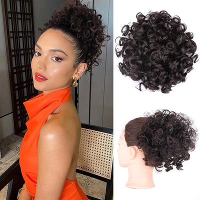 Curly Fluffy Hair Bun Clip in Ponytail Hair Extensions Natural False Hairpieces
