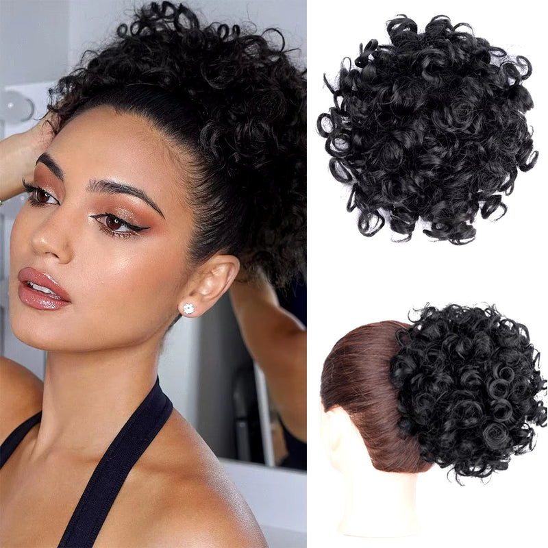 Curly Fluffy Hair Bun Clip in Ponytail Hair Extensions Natural False Hairpieces