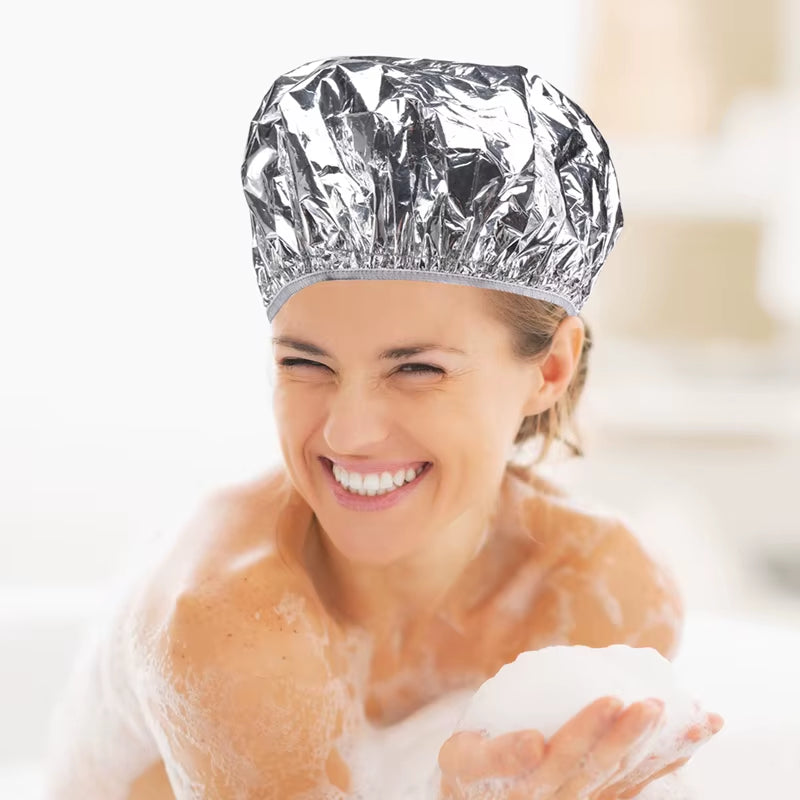 Shower Cap Heat Insulation Aluminum Foil Hat Elastic Bathing Cap for Women Hair Salon Bathroom