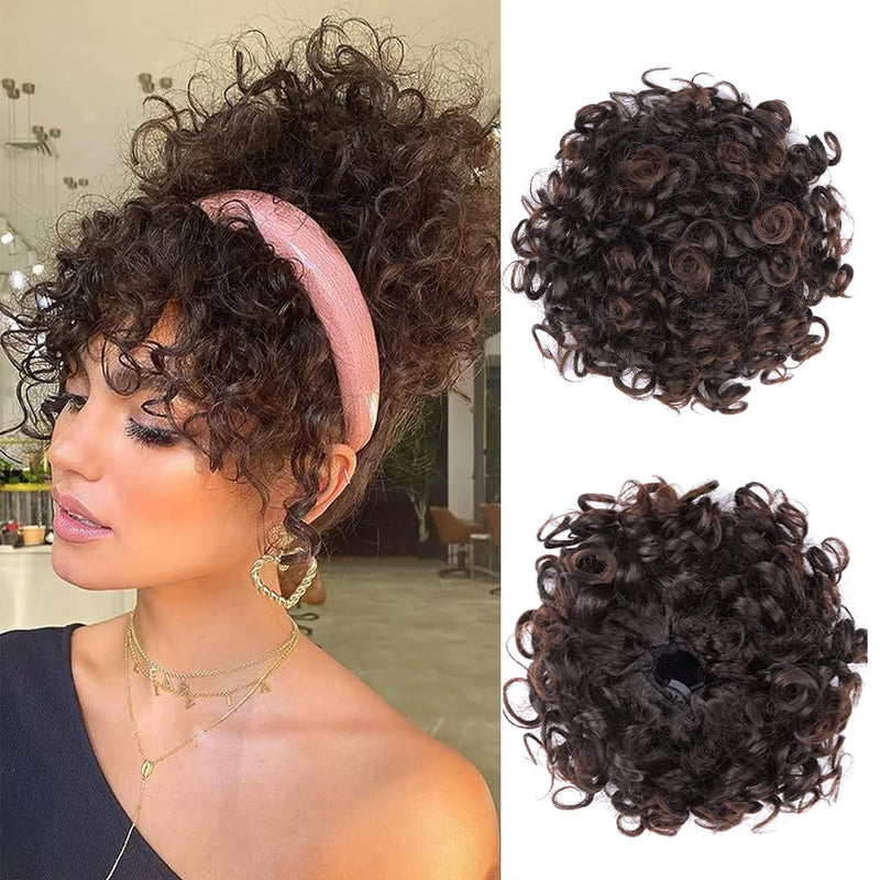 Curly Fluffy Hair Bun Clip in Ponytail Hair Extensions Natural False Hairpieces
