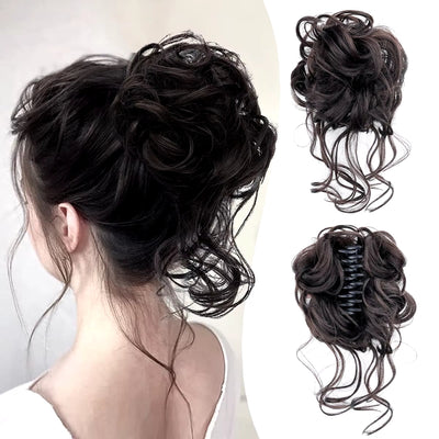 Curly Fluffy Hair Bun Clip in Ponytail Hair Extensions Natural False Hairpieces