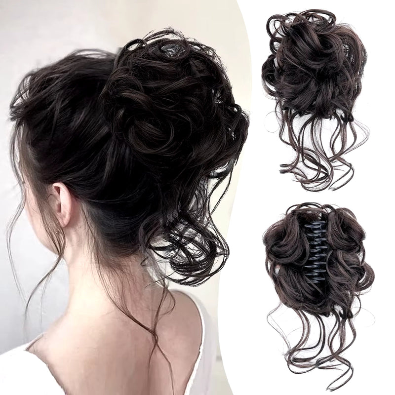 Curly Fluffy Hair Bun Clip in Ponytail Hair Extensions Natural False Hairpieces
