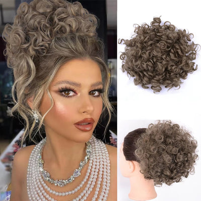 Curly Fluffy Hair Bun Clip in Ponytail Hair Extensions Natural False Hairpieces