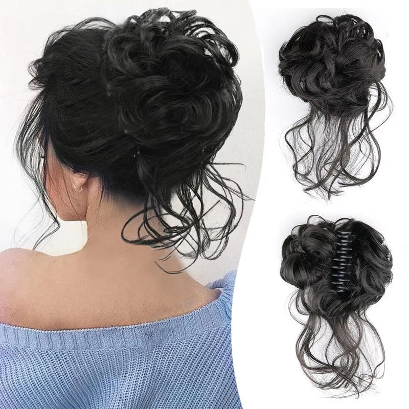 Curly Fluffy Hair Bun Clip in Ponytail Hair Extensions Natural False Hairpieces